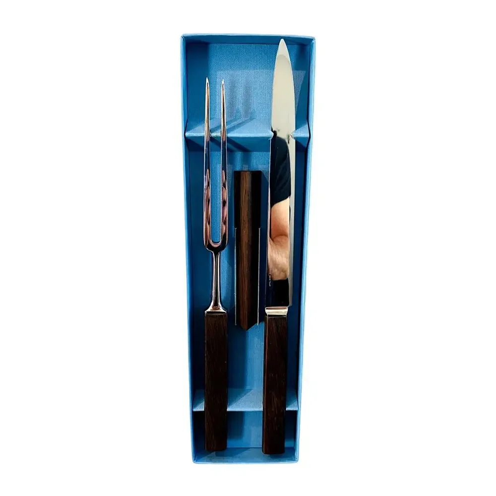 New Vintage Georg Jensen 3 Pc Carving Set Knife Fork Steel Box Denmark NOS